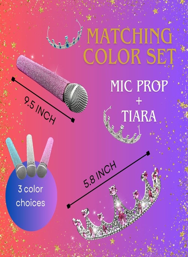 Simplurfi Fake Microphone Prop and Crystal Tiara Set - Sparkly Rhinestone Bling Girls Toy Mic & Crown for Halloween, Cosplay, Princess Dress-Up Gift, Birthday Parties & Kids Pretend Play (Silver) (Blue) - Image 2